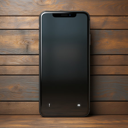 Smartphone with black screen on wooden background. 3d render.の素材