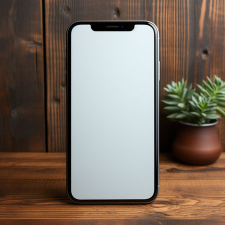 Smartphone with blank screen on wooden background. Mockup for designの素材