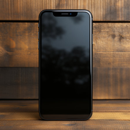 Black smartphone with blank screen on wooden background. Mockup for designの素材