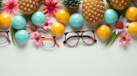 Flat lay composition with glasses, pineapples and flowers on white backgroundの素材