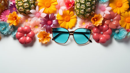 Pineapple sunglasses and colorful flowers on white background with copy spaceの素材
