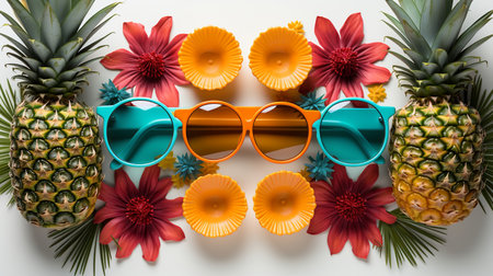 Stylish sunglasses with tropical flowers and fruits on white background, flat layの素材