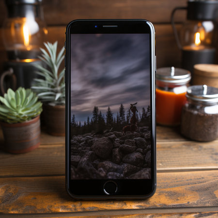 A smartphone with a photo of a mountain landscape on the screen.の素材
