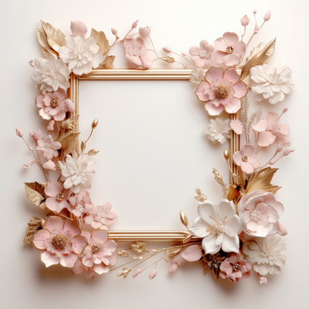 Golden frame with flowers on white background. Flat lay, top view.の素材