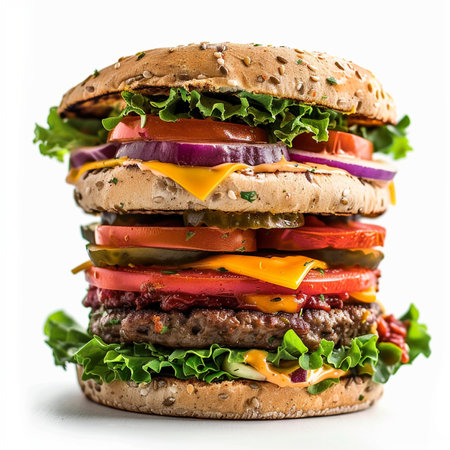 Big hamburger with fresh vegetables isolated on white background. Close up.の素材