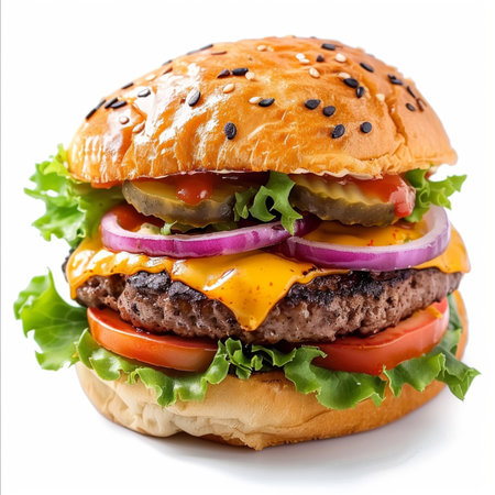 Cheese burger - American cheese burger with fresh vegetables on white backgroundの素材