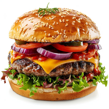 Big hamburger with beef, tomato, onion and lettuce isolated on white backgroundの素材