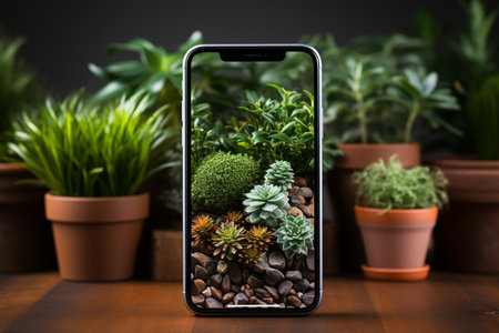 Smartphone with blank screen on wooden table with succulent plants.の素材