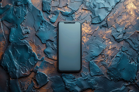 Smartphone with blank screen on blue textured background. Top viewの素材