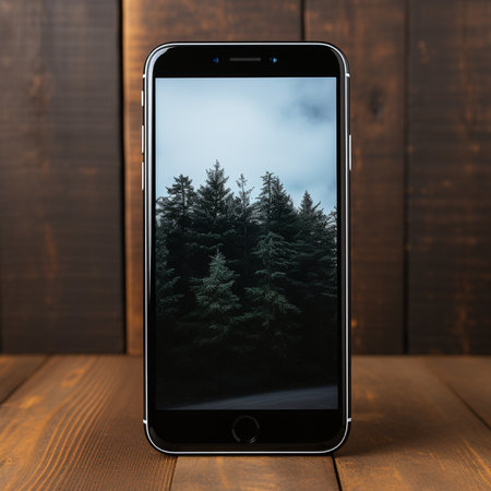 Modern smartphone with forest on screen on wooden background. 3d renderの素材