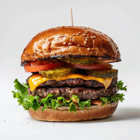 Big tasty hamburger with beef, cheese and vegetables on white backgroundの素材