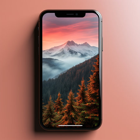 Smartphone with landscape of mountains and pine trees on the screen.の素材