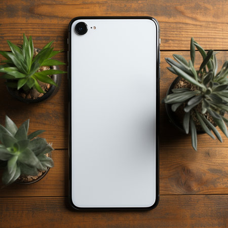 Smartphone mockup with blank screen on wooden background, top viewの素材