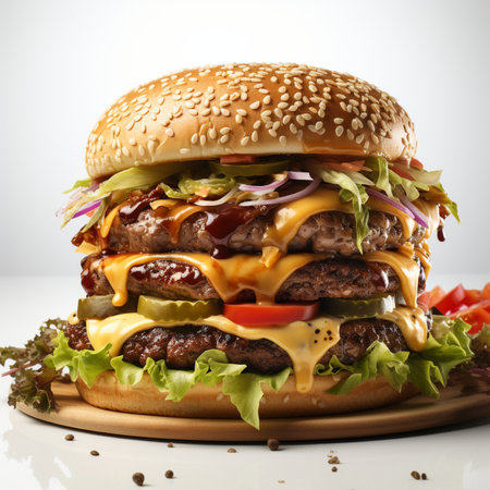 Cheeseburger with cheese, lettuce, tomato and onion on white backgroundの素材