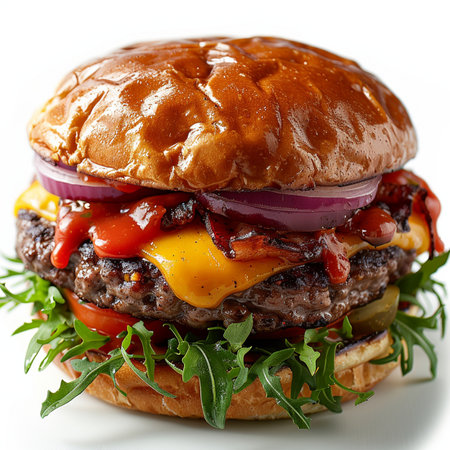 Cheeseburger with beef patty, fresh vegetables and arugulaの素材