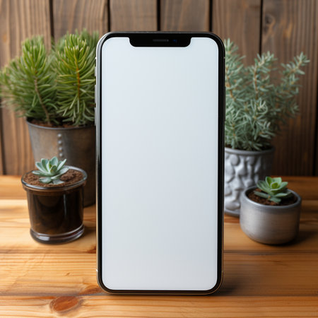 Smartphone with blank screen on wooden background. Mockup for designの素材