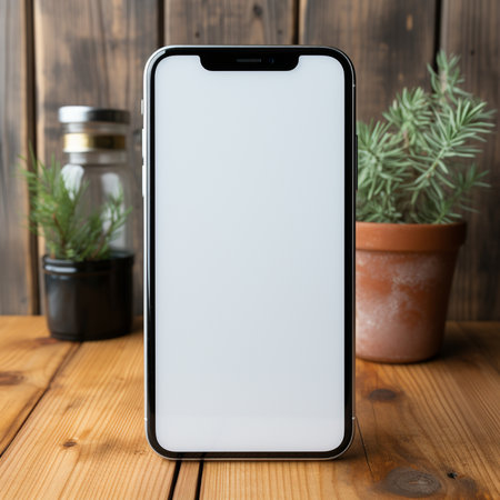 Apple iPhone X smartphone mockup with blank screen on wooden backgroundの素材