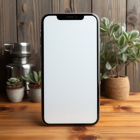 Smartphone with blank screen on wooden table. Mockup for designの素材