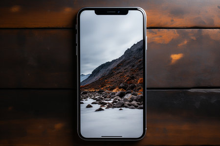 Mobile phone with a black screen on a wooden background with a mountain landscape.の素材