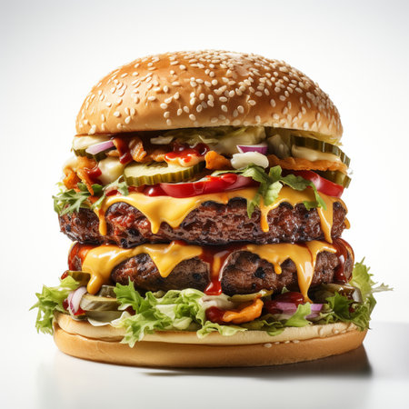Big tasty cheeseburger with beef patty and vegetables on white backgroundの素材