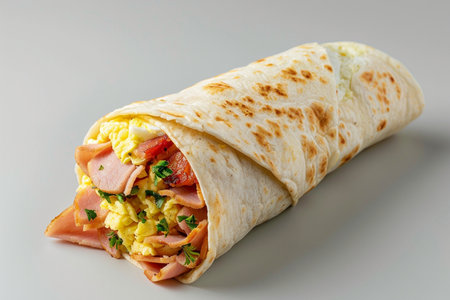 Tortilla wrap with ham and egg isolated on a white backgroundの素材