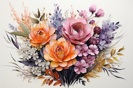 Beautiful bouquet of different flowers on white background, top viewの素材