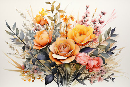Floral bouquet with roses, leaves, twigs and branchesの素材