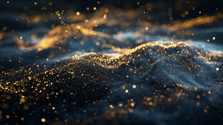 3d rendering of abstract golden particles with depth of field and bokeh lights on black backgroundの素材