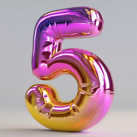 A metallic balloon shaped like the number 5, with a gradient of pink and yellow, reflecting light and studio background.の素材