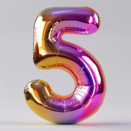 A vibrant, iridescent balloon shaped like the number 5 floats on a light gray surface, perfect for celebrations and milestones.の素材