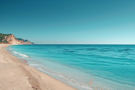 A beautiful tropical beach scene with calm blue water, soft sand, and majestic cliffs, perfect for relaxation.の素材