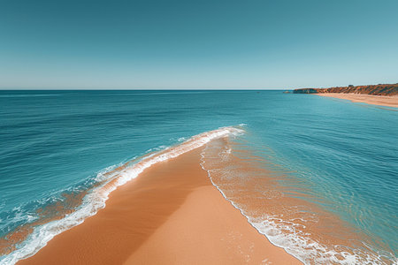 A beautiful, tranquil beach scene with clear turquoise water, gentle waves, and golden sand, stretching towards a distant coastline.の素材