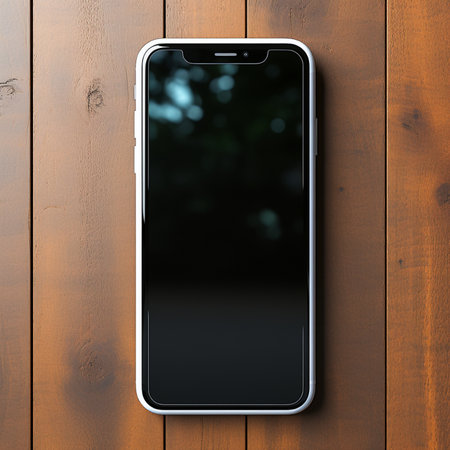 A modern white smartphone with a blank dark screen, positioned on a rustic, natural wooden surface, perfect for digital display.の素材