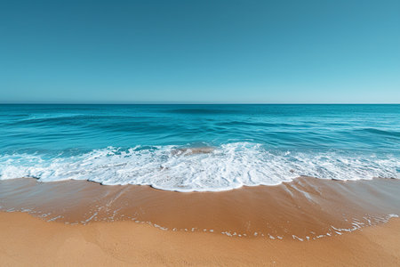 A tranquil beach scene featuring soft sand and clear turquoise ocean waves under a cloudless blue sky, creating a peaceful natural landscape.の素材