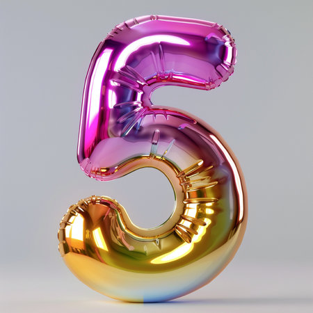 A vibrant, metallic balloon shaped like the number 5, displaying a shimmering gradient of pink and gold. Isolated on a white backdrop.の素材