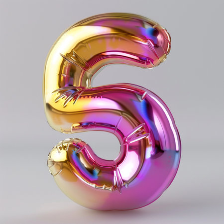 A highly polished, iridescent chrome balloon shaped like the number 5, featuring subtle light reflections and a festive, celebratory appearance.の素材