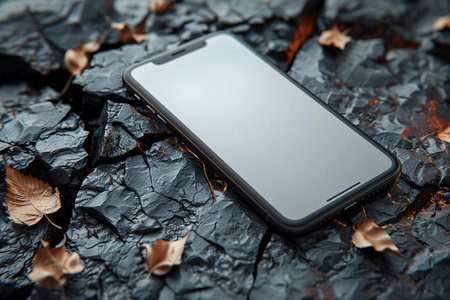 A modern smartphone is placed on a dark, rugged, cracked surface, surrounded by fallen dry leaves, highlighting a contrast of technology and nature.の素材