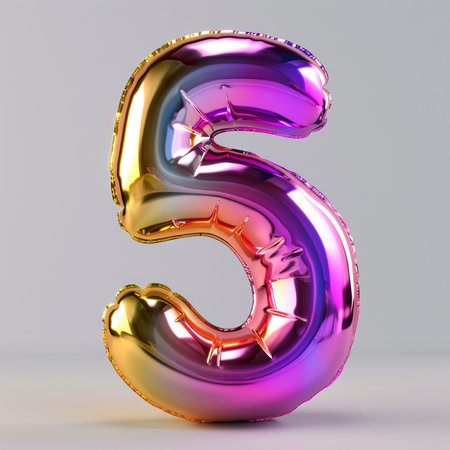 A lustrous, holographic balloon in the shape of the numeral 5, shimmering with iridescent colors against a neutral background.の素材