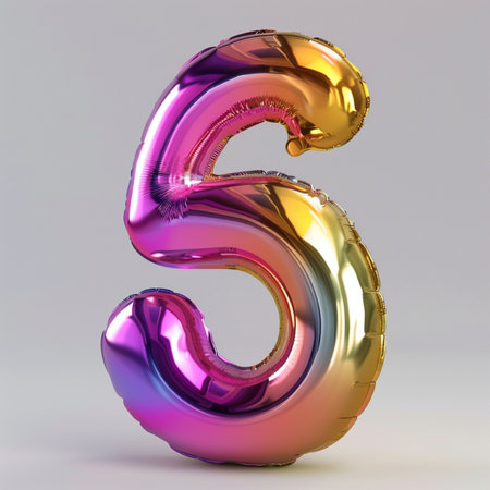 A single, shiny metallic balloon shaped like the number 5, displaying a vibrant iridescent rainbow gradient.の素材