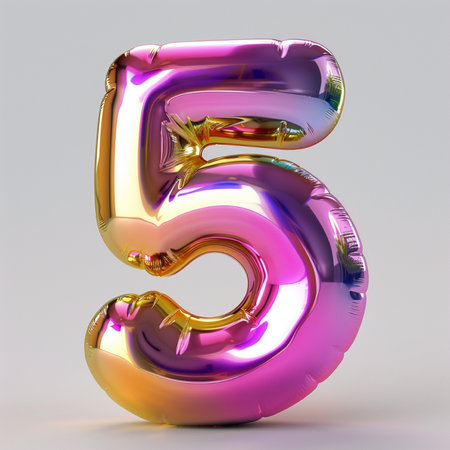 A glossy, inflatable number 5 balloon with a shimmering pink and gold iridescent finish, perfect for birthdays and party decor.の素材