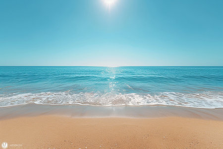A serene beach scene with clear blue water, gentle waves, and a sandy shore under a bright, sunny sky. The sun reflects on the water's surface.の素材