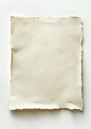 A single sheet of textured, handmade paper with natural, torn edges, presented on a clean white surface for a minimalist look.の素材