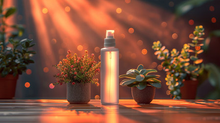 A calming arrangement of potted plants and a mist spray bottle, bathed in soft, golden sunlight and bokeh effects.の素材