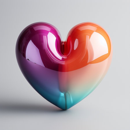 A glossy 3D heart sculpture displays a smooth gradient of vivid colors, transitioning from purple to red and teal, on a light grey background.の素材