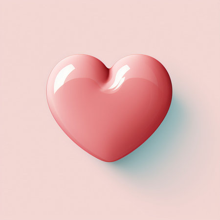 A glossy pink heart symbol rendered in 3D, gently floating above a soft pastel pink surface, casting a delicate shadow.の素材