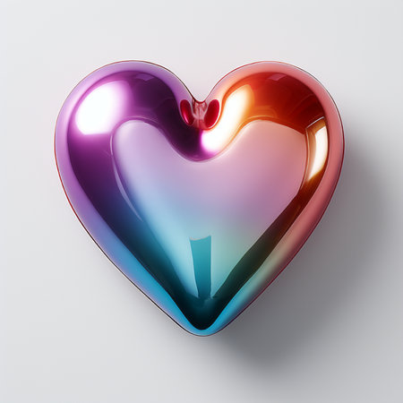 A glossy, heart-shaped object featuring a smooth, iridescent gradient of purple, pink, blue, and orange, reflecting light beautifully on a plain white surface.の素材