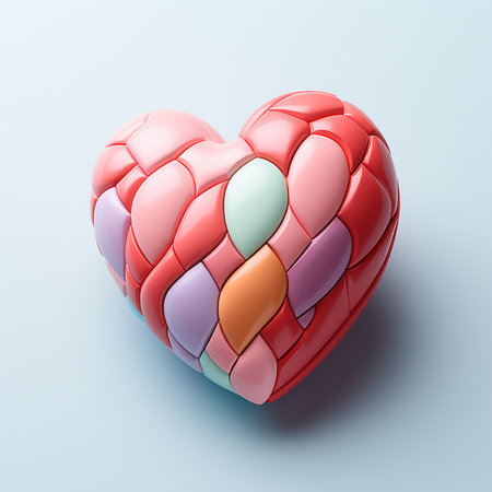A vibrant 3D heart puzzle with a smooth, glossy finish, featuring interlocking pieces in a range of soft pastel colors on a light blue background.の素材