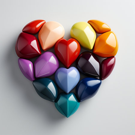 A striking heart symbol meticulously arranged from numerous glossy, jewel-like hearts in a spectrum of vivid colors against a clean white background.の素材