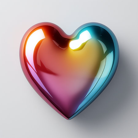 A shiny, metallic heart with a colorful gradient of red, yellow, blue, and purple, isolated on a plain white surface.の素材