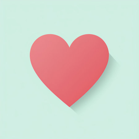 A vibrant red heart icon with a soft gradient and a distinct long shadow, isolated on a clean, light blue background. Simple and modern design.の素材